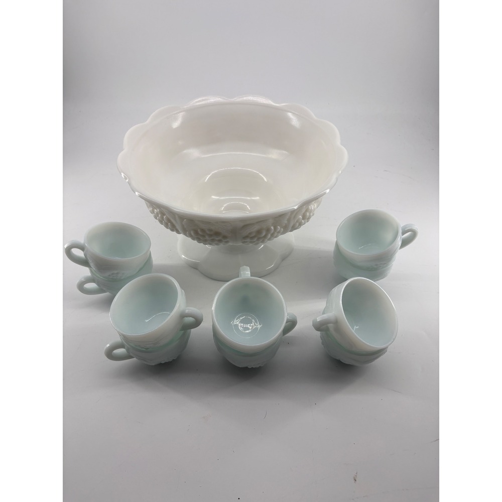 Vintage Smith Milk Glass Punch Bowl Set Heritage Grape 10 Cups Starburst